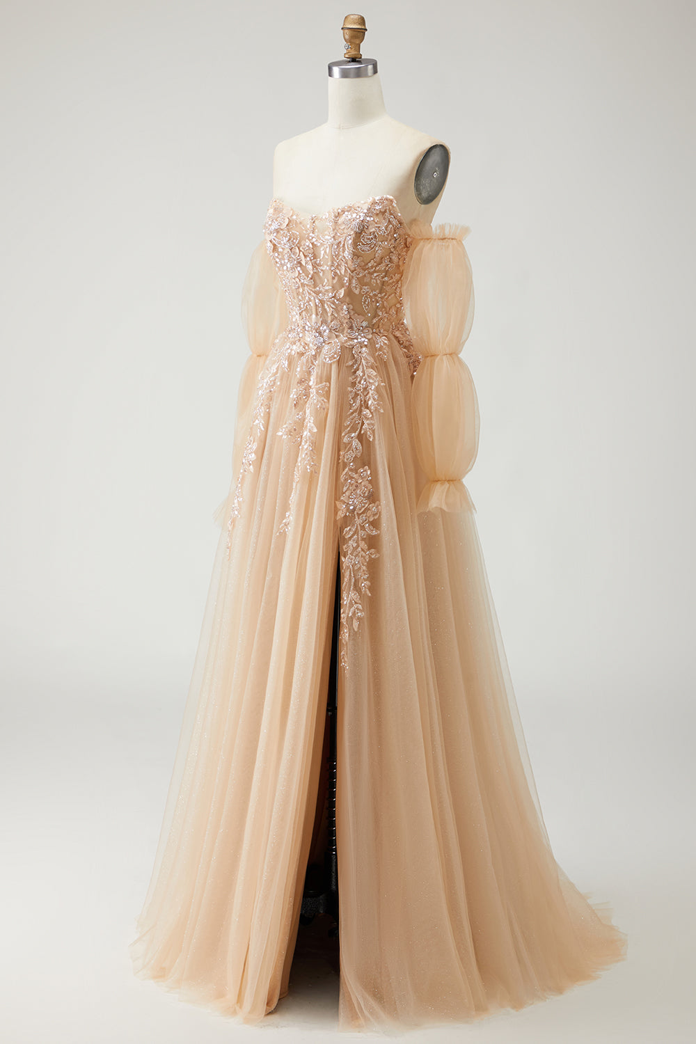 Sparkly Champagne Strapless Appliqued Prom Dress With Removable Sleeves