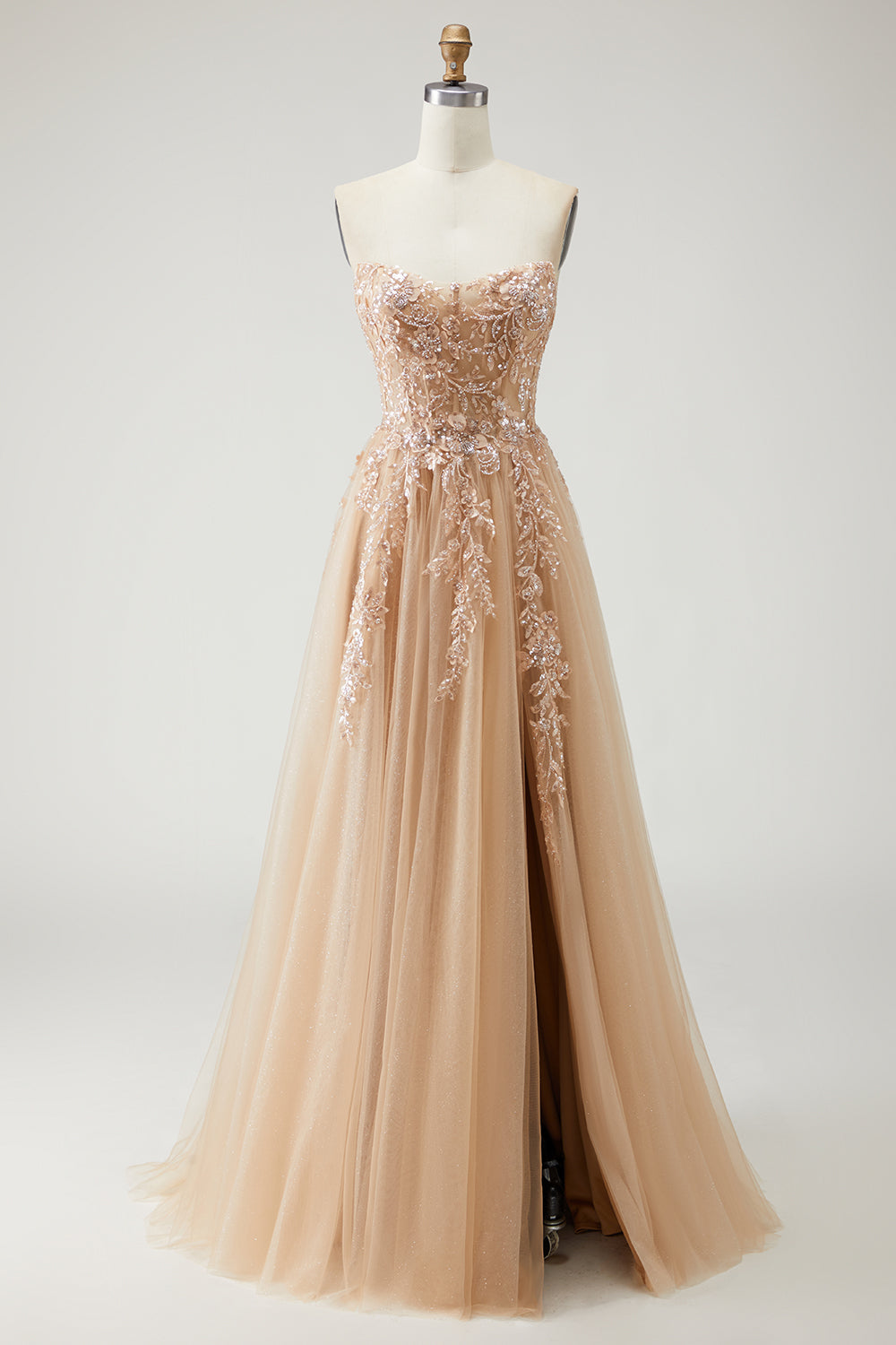 Sparkly Champagne Strapless Appliqued Prom Dress With Removable Sleeves