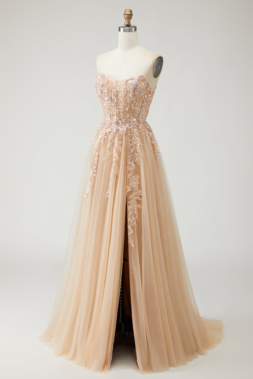 Sparkly Champagne Strapless Appliqued Prom Dress With Removable Sleeves