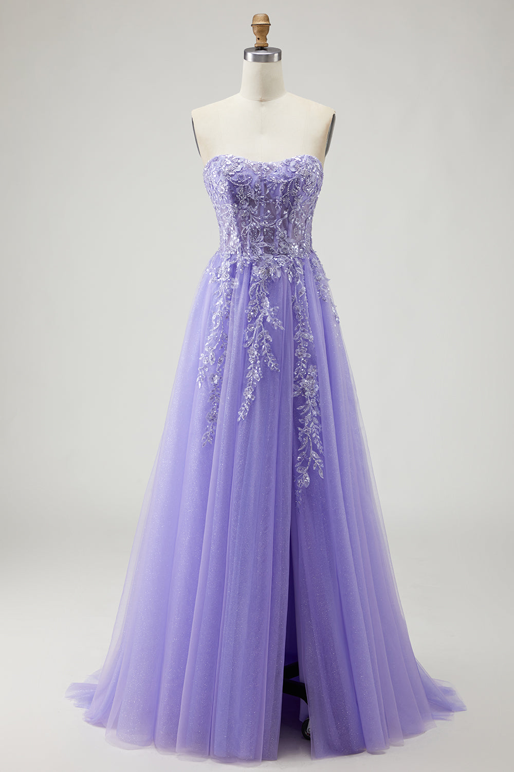 Sparkly Champagne Strapless Appliqued Prom Dress With Removable Sleeves