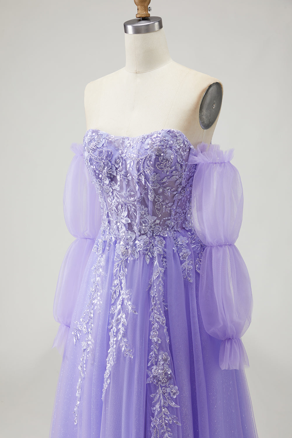 Sparkly Champagne Strapless Appliqued Prom Dress With Removable Sleeves