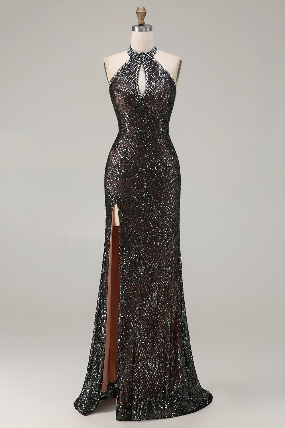 Sparkly Champagne Halter Mermaid Cut Out Prom Dress