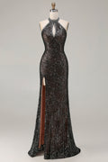 Sparkly Black Halter Mermaid Prom Dress With Slit