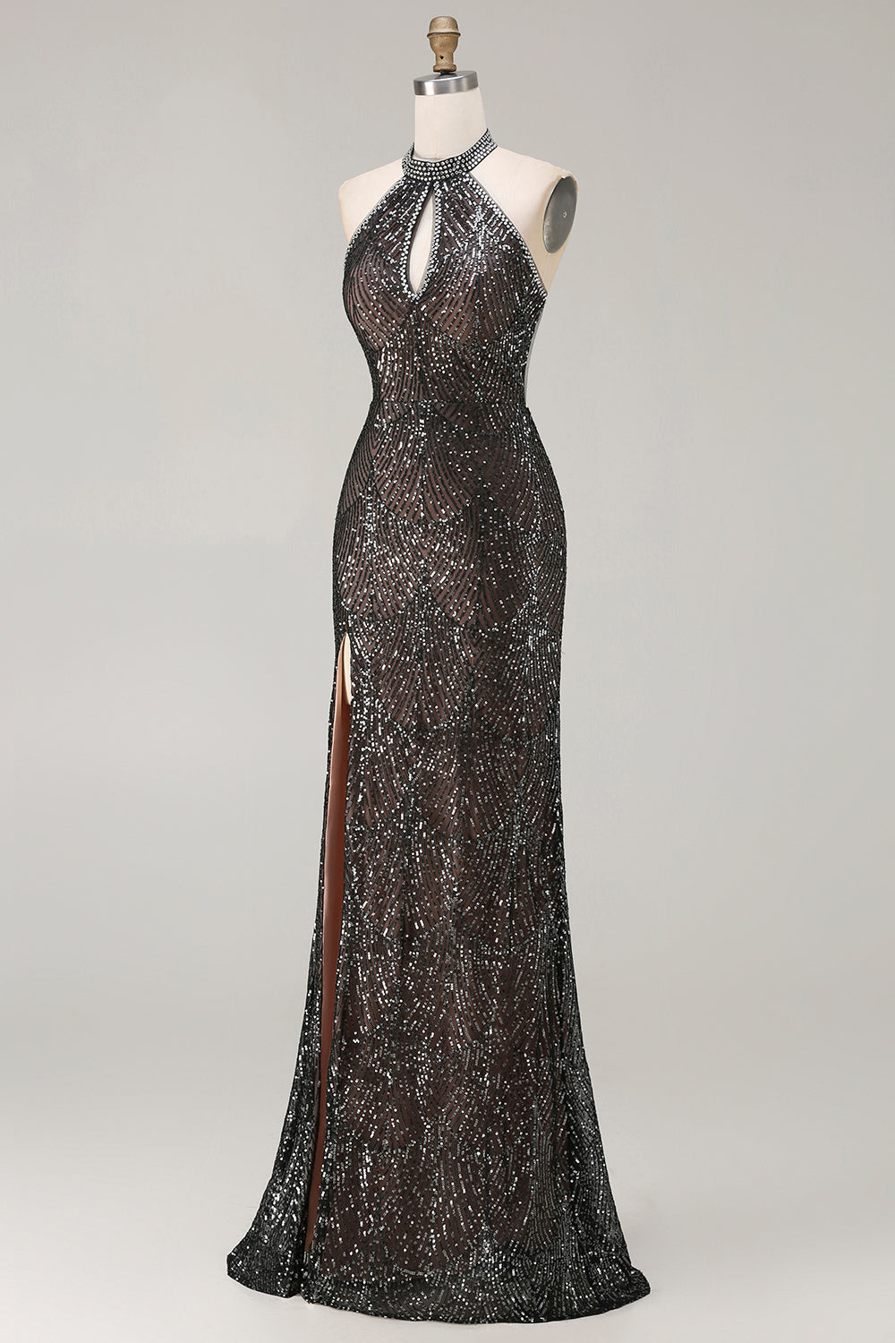 Sparkly Champagne Halter Mermaid Cut Out Prom Dress