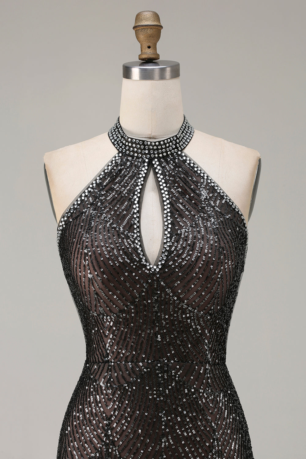 Sparkly Champagne Halter Mermaid Cut Out Prom Dress