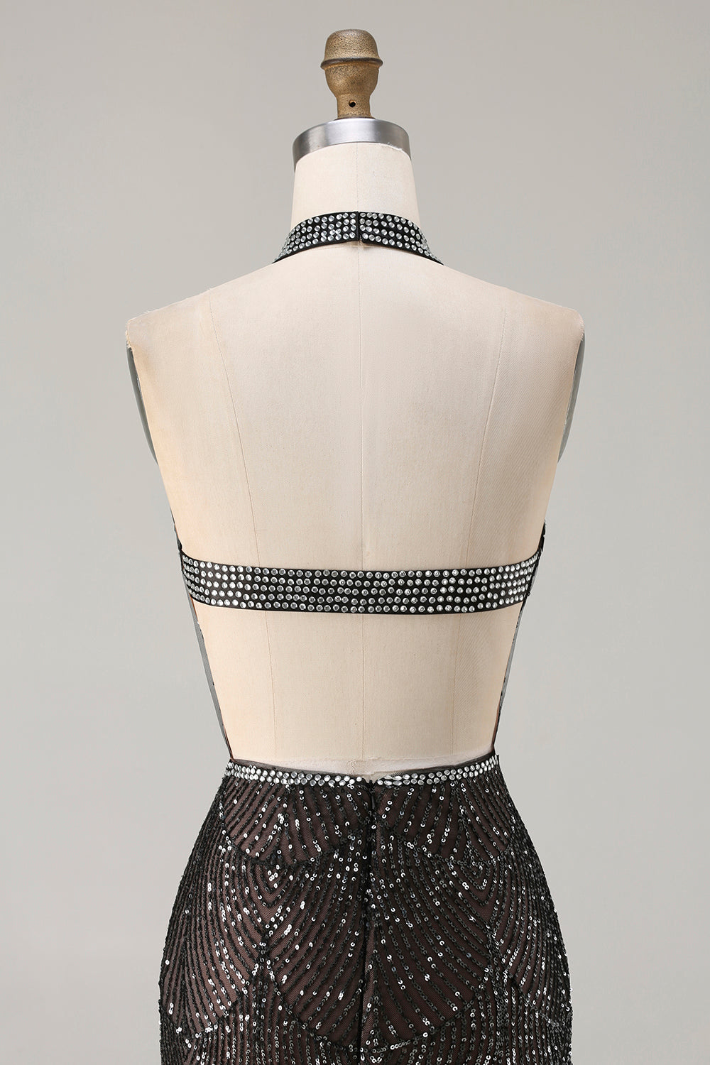 Sparkly Champagne Halter Mermaid Cut Out Prom Dress