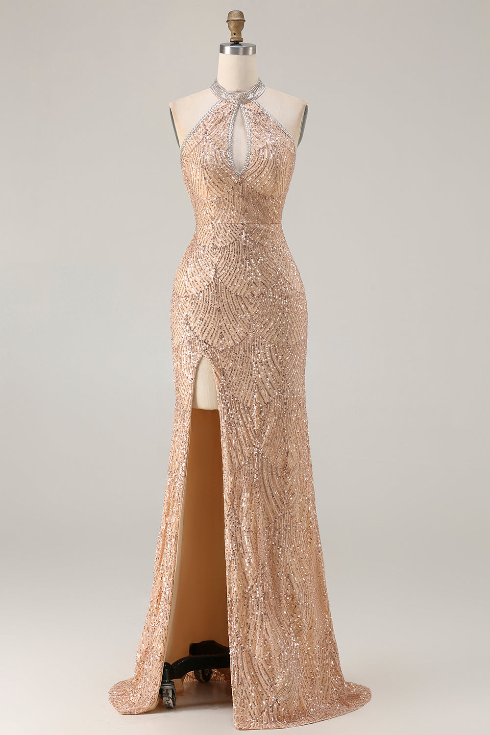 Sparkly Champagne Halter Mermaid Cut Out Prom Dress