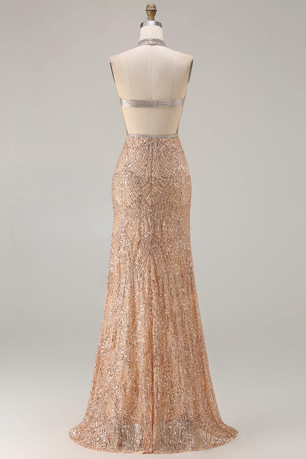 Sparkly Champagne Halter Mermaid Cut Out Prom Dress