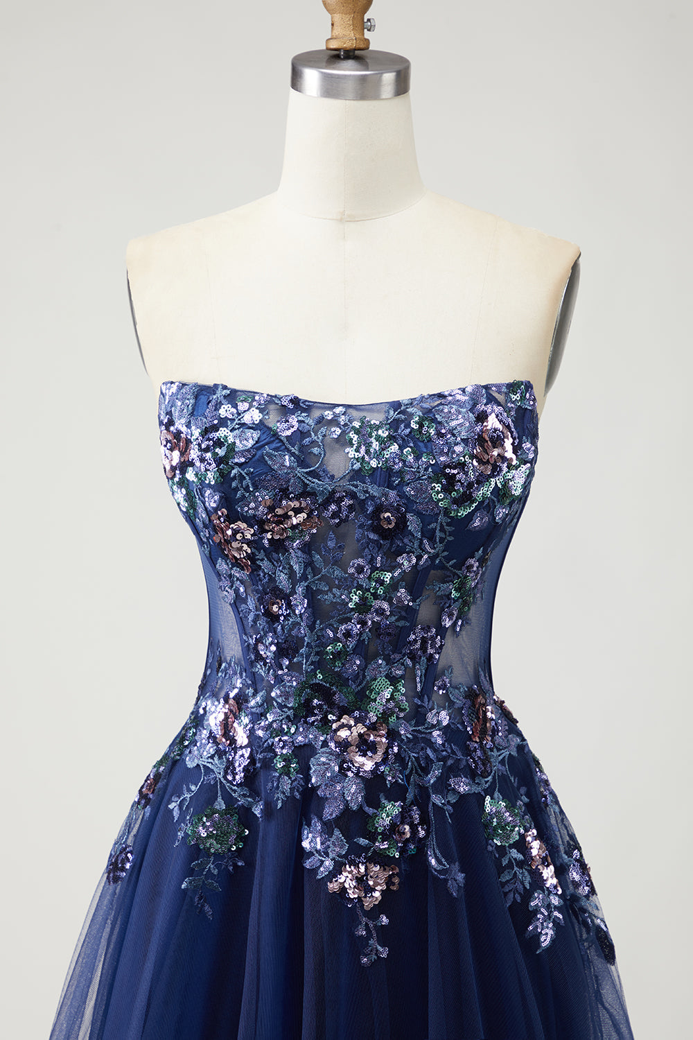 Navy Strapless A-Line Corset Prom Dress With Appliques