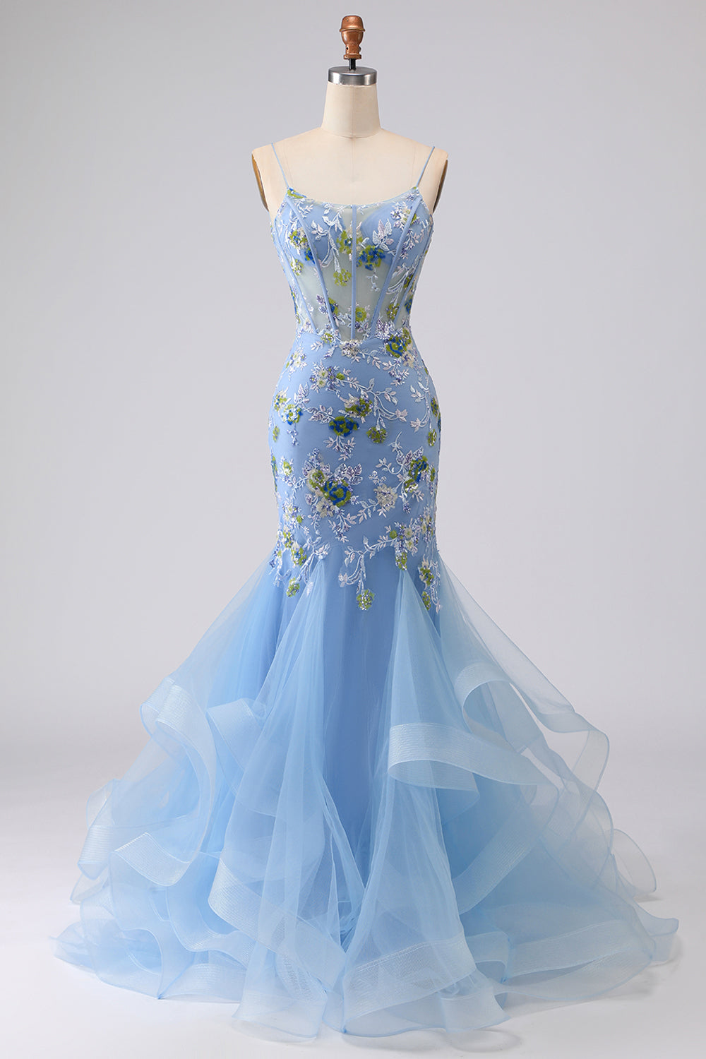Sparkly Navy Floral Mermaid Corset Tulle Prom Dress