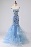 Blue Mermaid Appliqued Corset Tulle Prom Dress