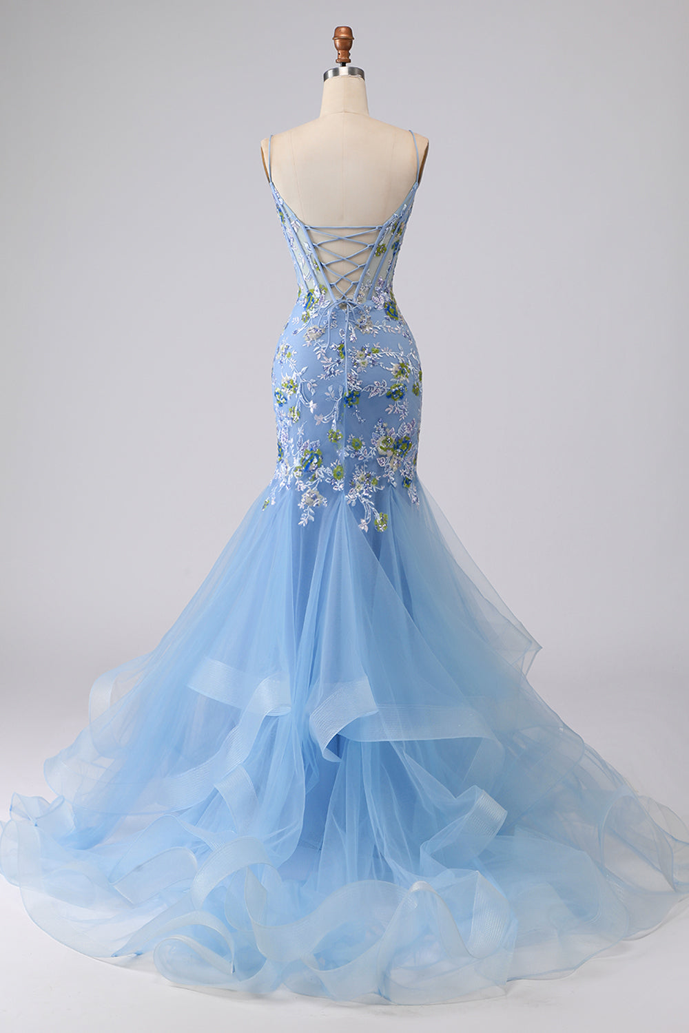 Blue Mermaid Appliqued Corset Tulle Prom Dress