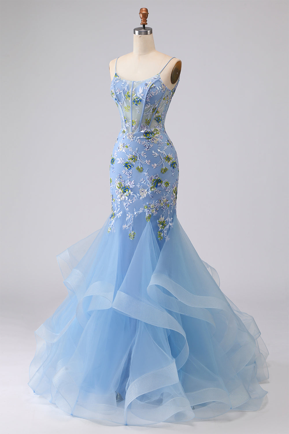 Blue Mermaid Appliqued Corset Tulle Prom Dress