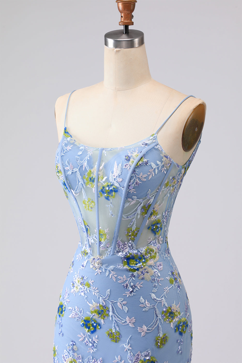 Blue Mermaid Appliqued Corset Tulle Prom Dress