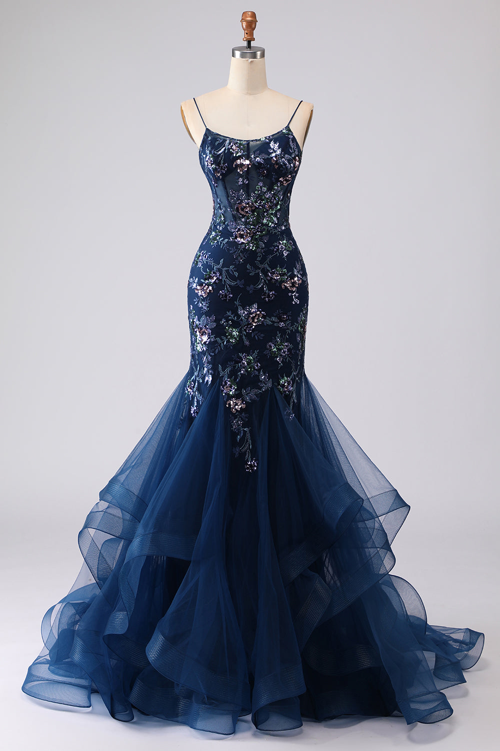 Sparkly Navy Floral Mermaid Corset Tulle Prom Dress