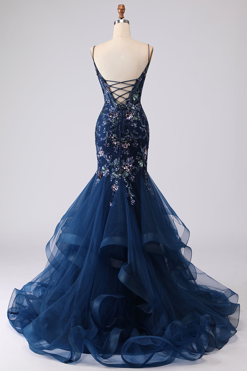 Sparkly Navy Mermaid Appliqued Corset Tulle Prom Dress