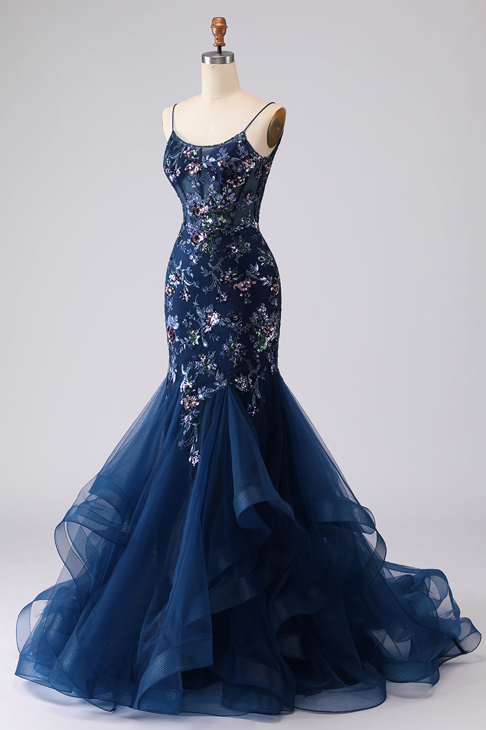 Blue Mermaid Appliqued Corset Tulle Prom Dress