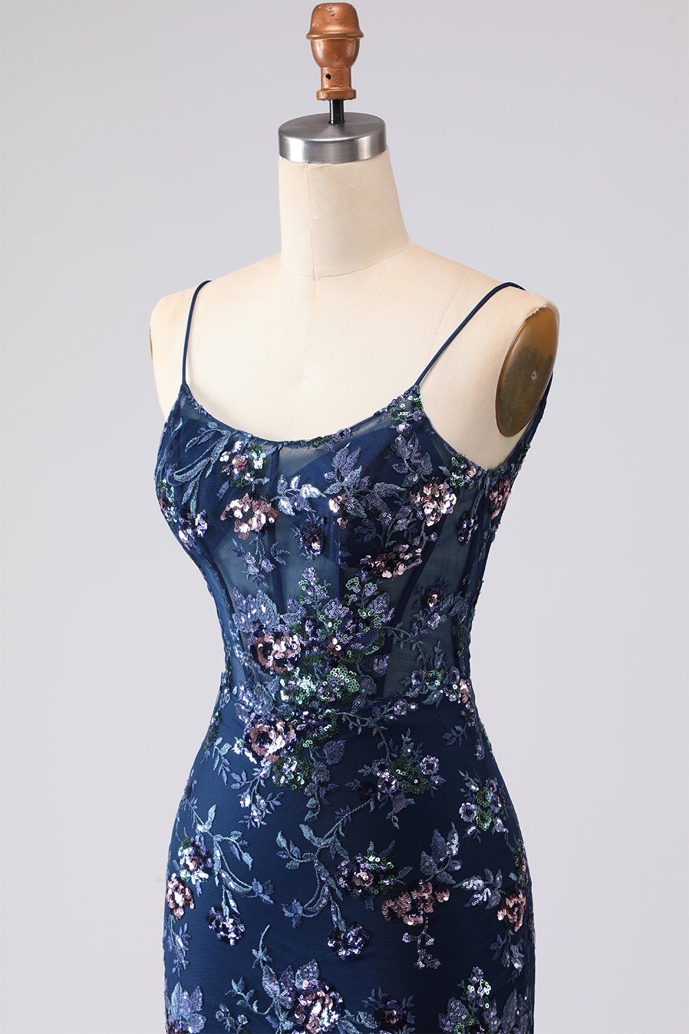 Blue Mermaid Appliqued Corset Tulle Prom Dress