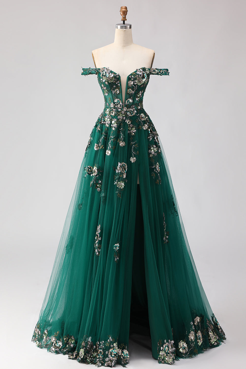 Dark Green A-Line Off The Shoulder Sequin Prom Dress With Slit