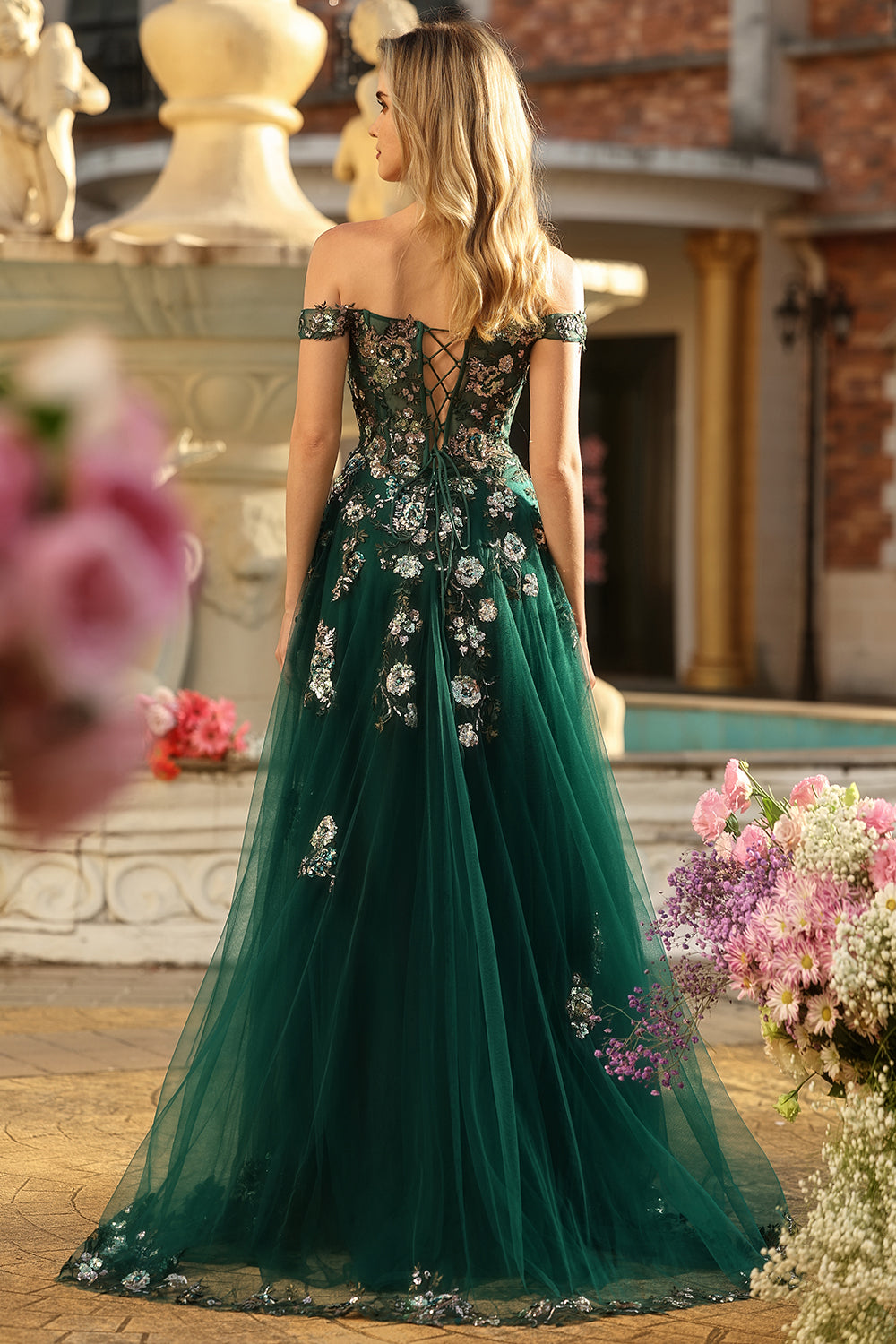 Dark Green A-Line Off The Shoulder Sequin Prom Dress With Slit