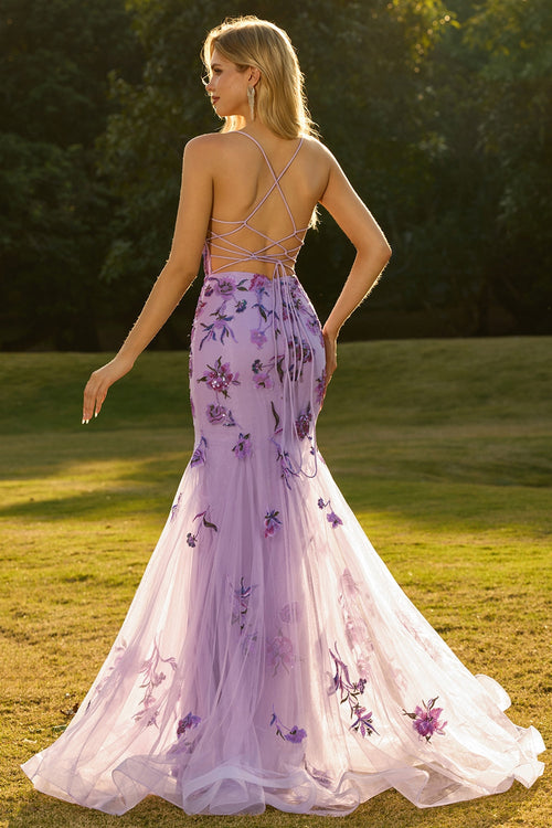 Purple Mermaid Corset Prom Dress with Appliques