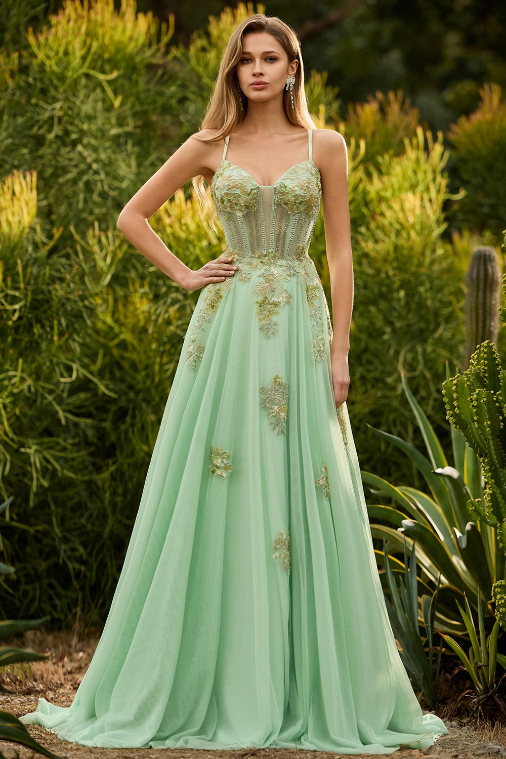 Green A Line Corset Beaded Appliqued Prom Dress