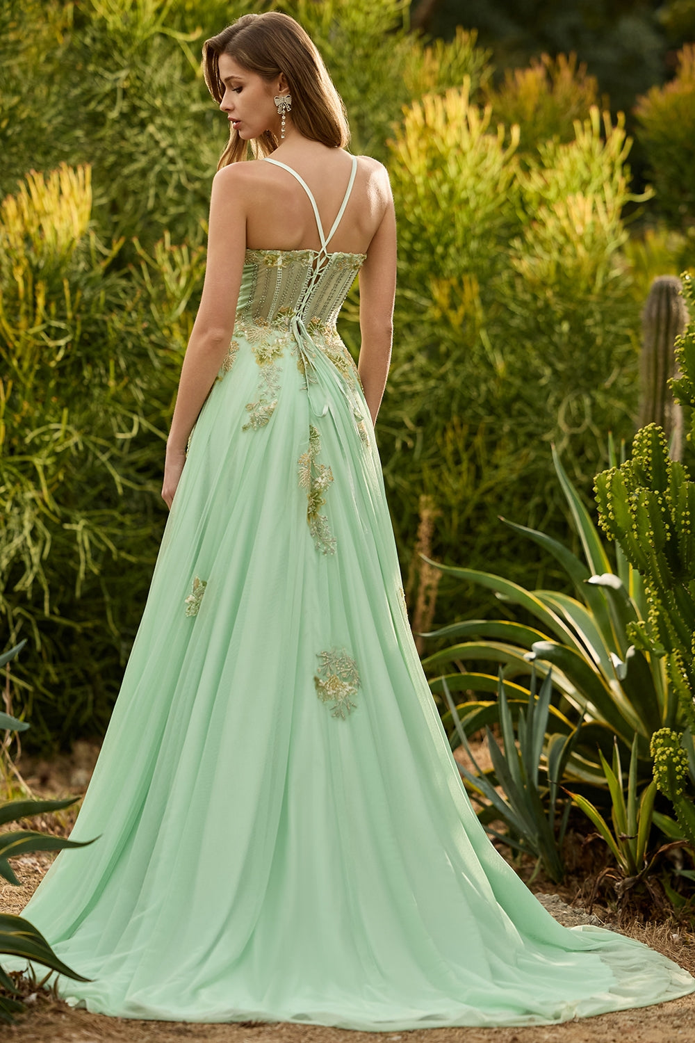 Green A Line Corset Beaded Appliqued Prom Dress
