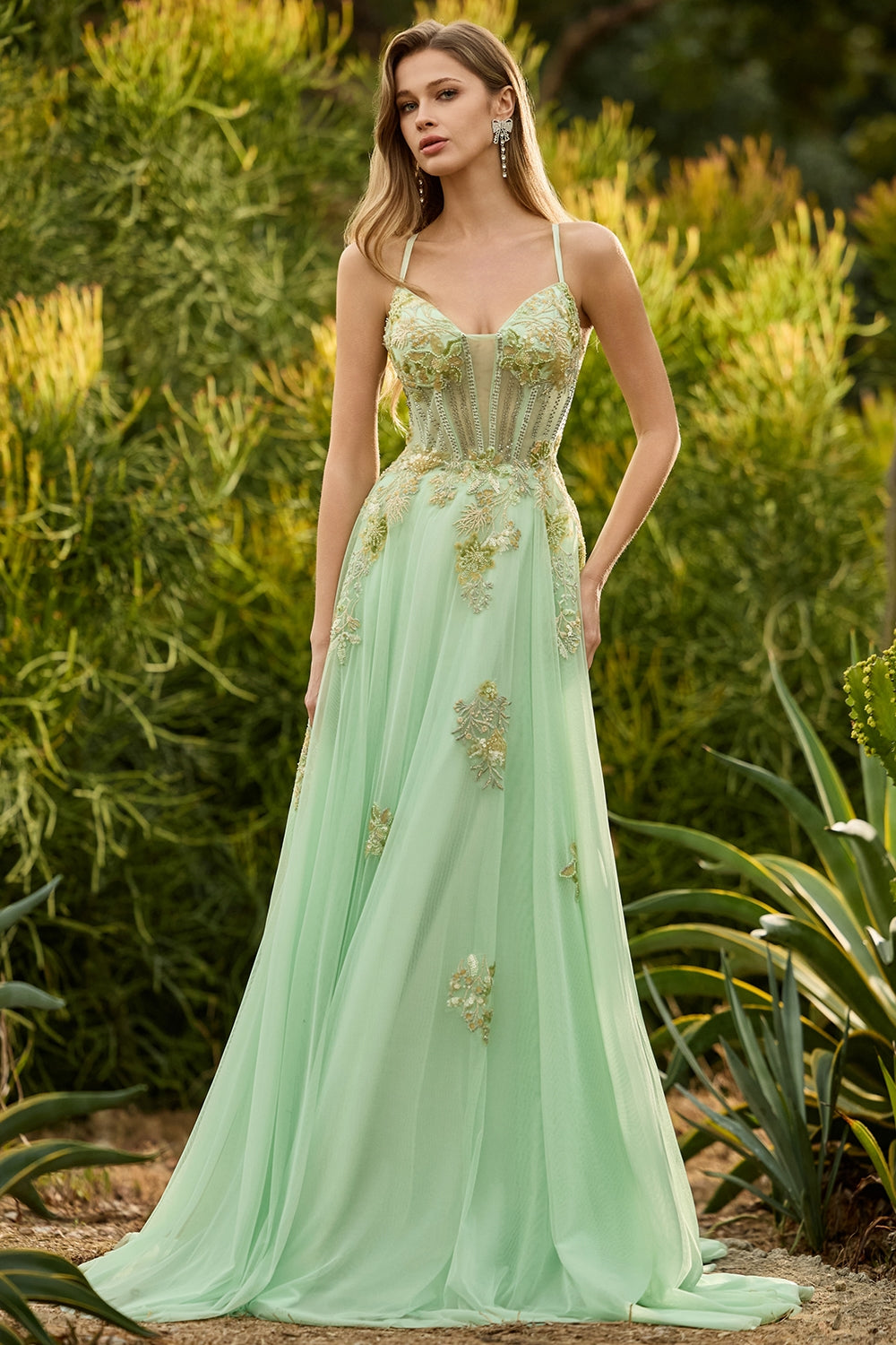 Green A Line Corset Beaded Appliqued Prom Dress