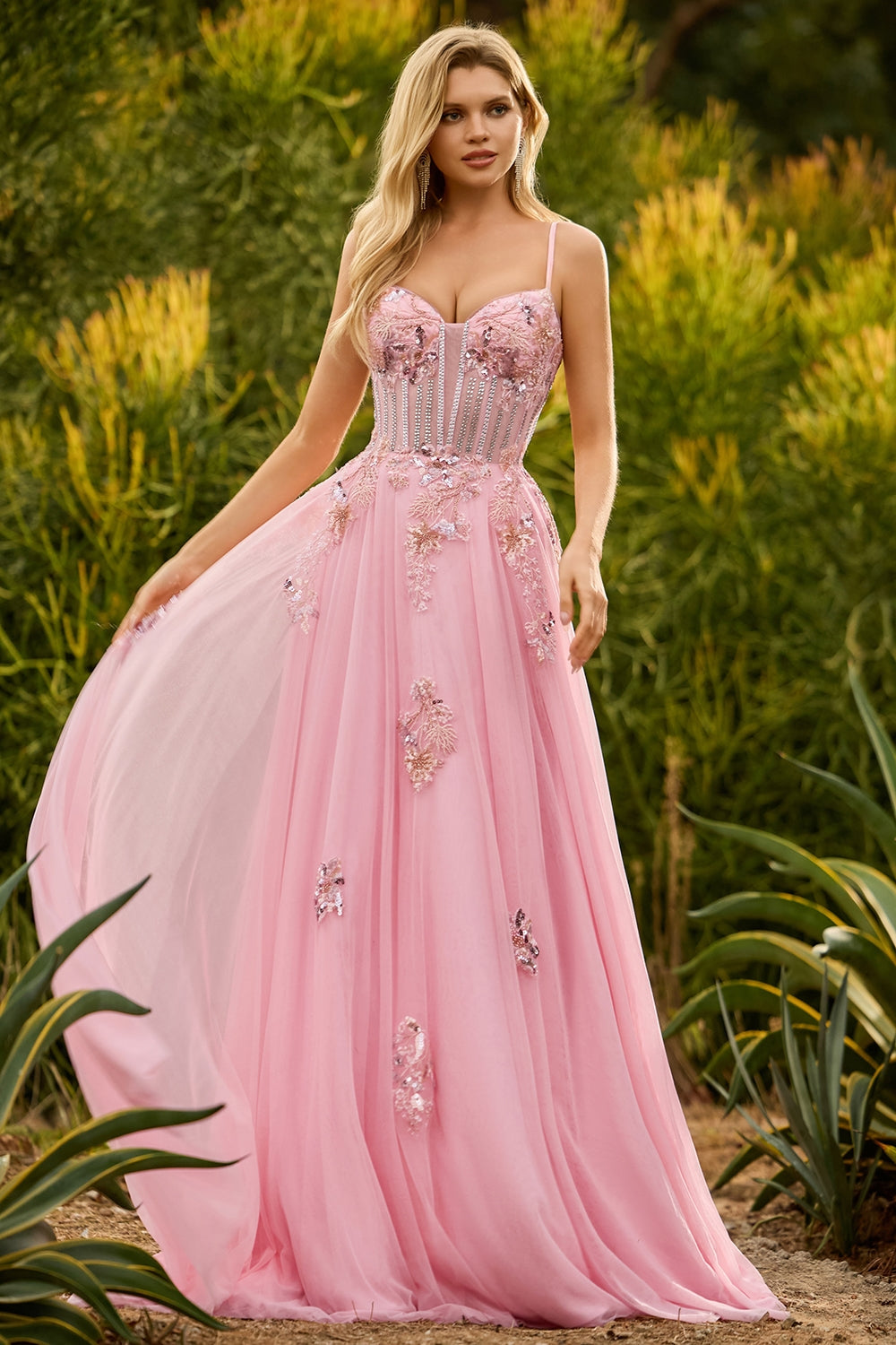 Green A Line Corset Beaded Appliqued Prom Dress