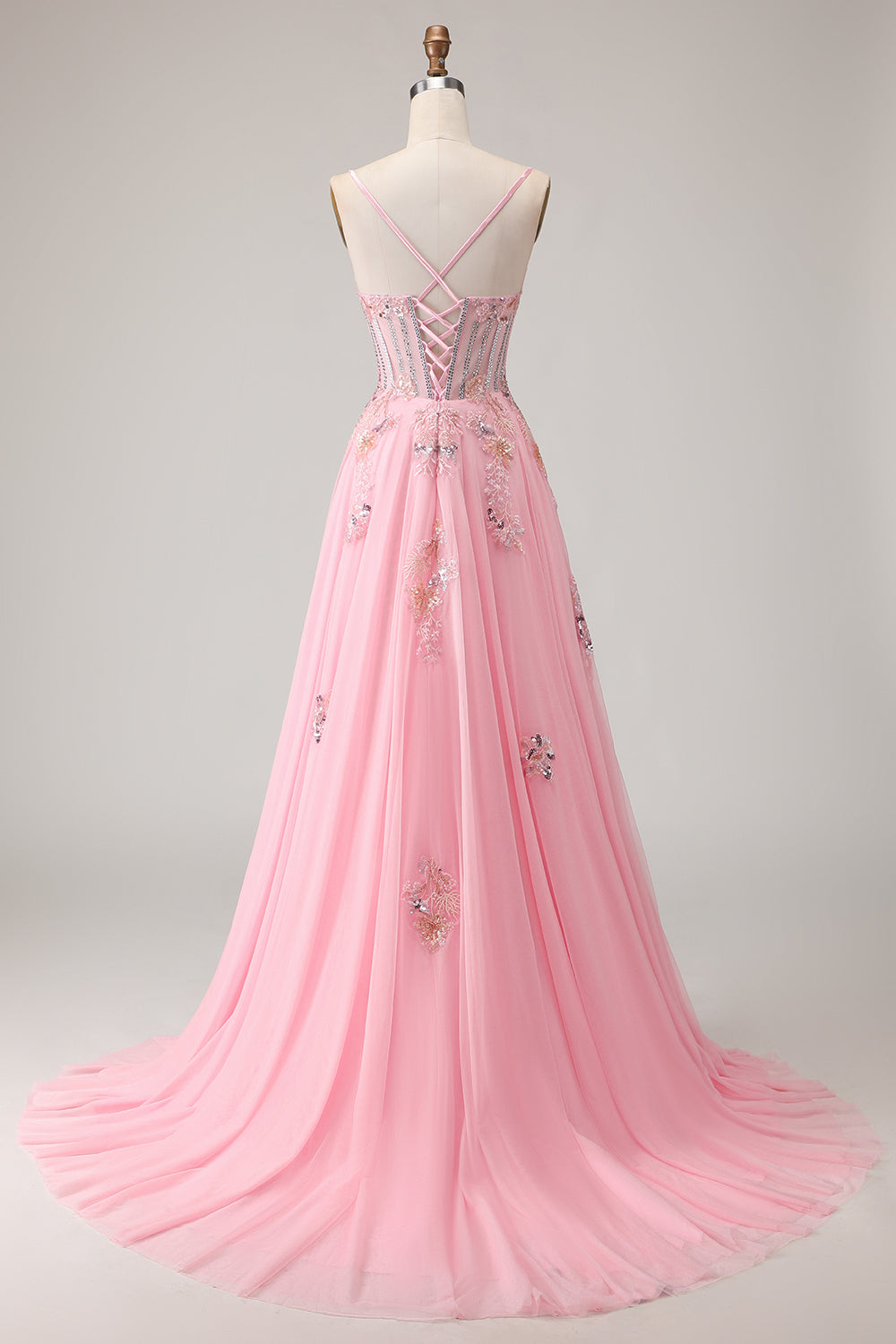 Pink A-Line Corset Beaded Prom Dress With Lace Up Back