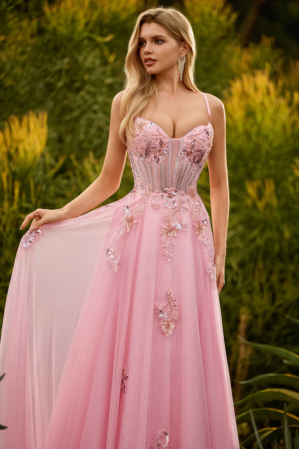 Green A Line Corset Beaded Appliqued Prom Dress