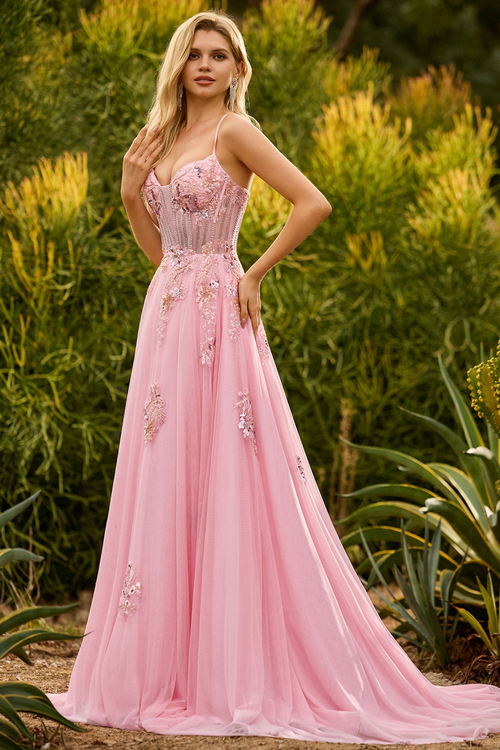 Beaded Pink A Line Corset Appliqued Prom Dress