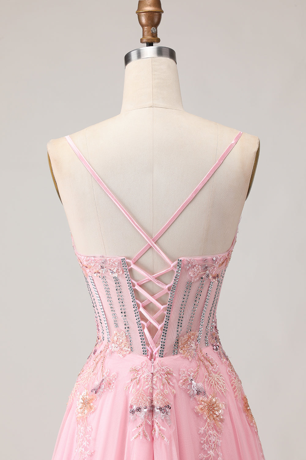 Pink A-Line Corset Beaded Prom Dress With Lace Up Back