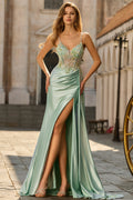 Green Corset Appliqued Satin Prom Dress with Side Cape