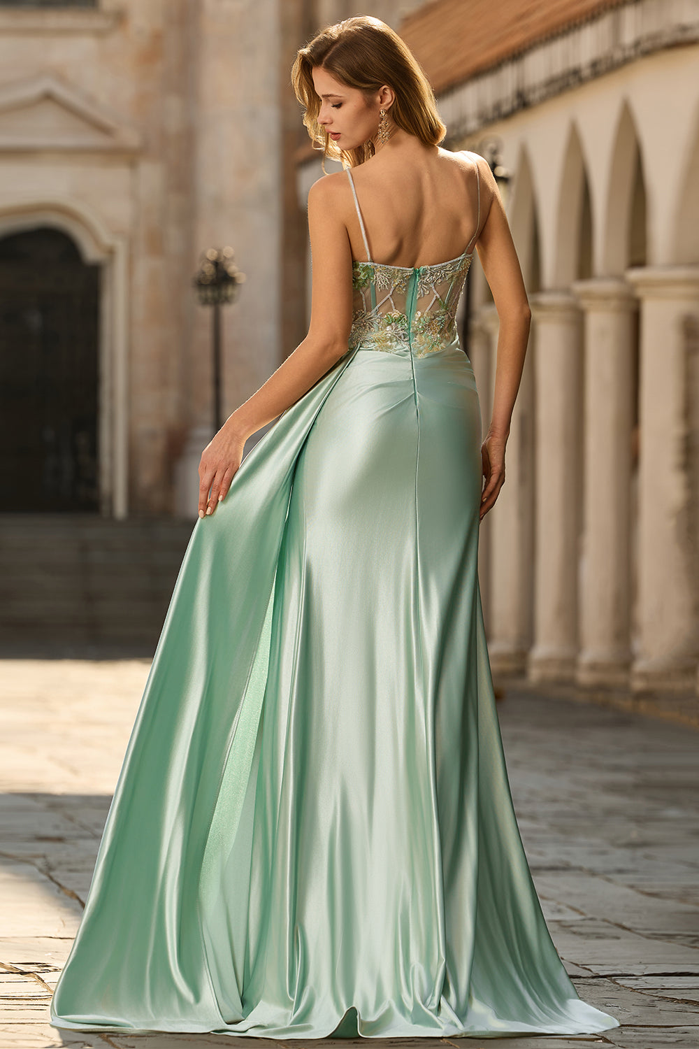 Green Mermaid Beaded Spaghetti Straps Satin Prom Dress With Slit