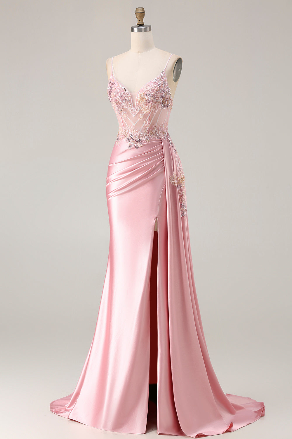 Green Mermaid Beaded Spaghetti Straps Satin Prom Dress With Slit