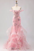 Sparkly Blush Mermaid Off The Shoulder Corset Prom Dress