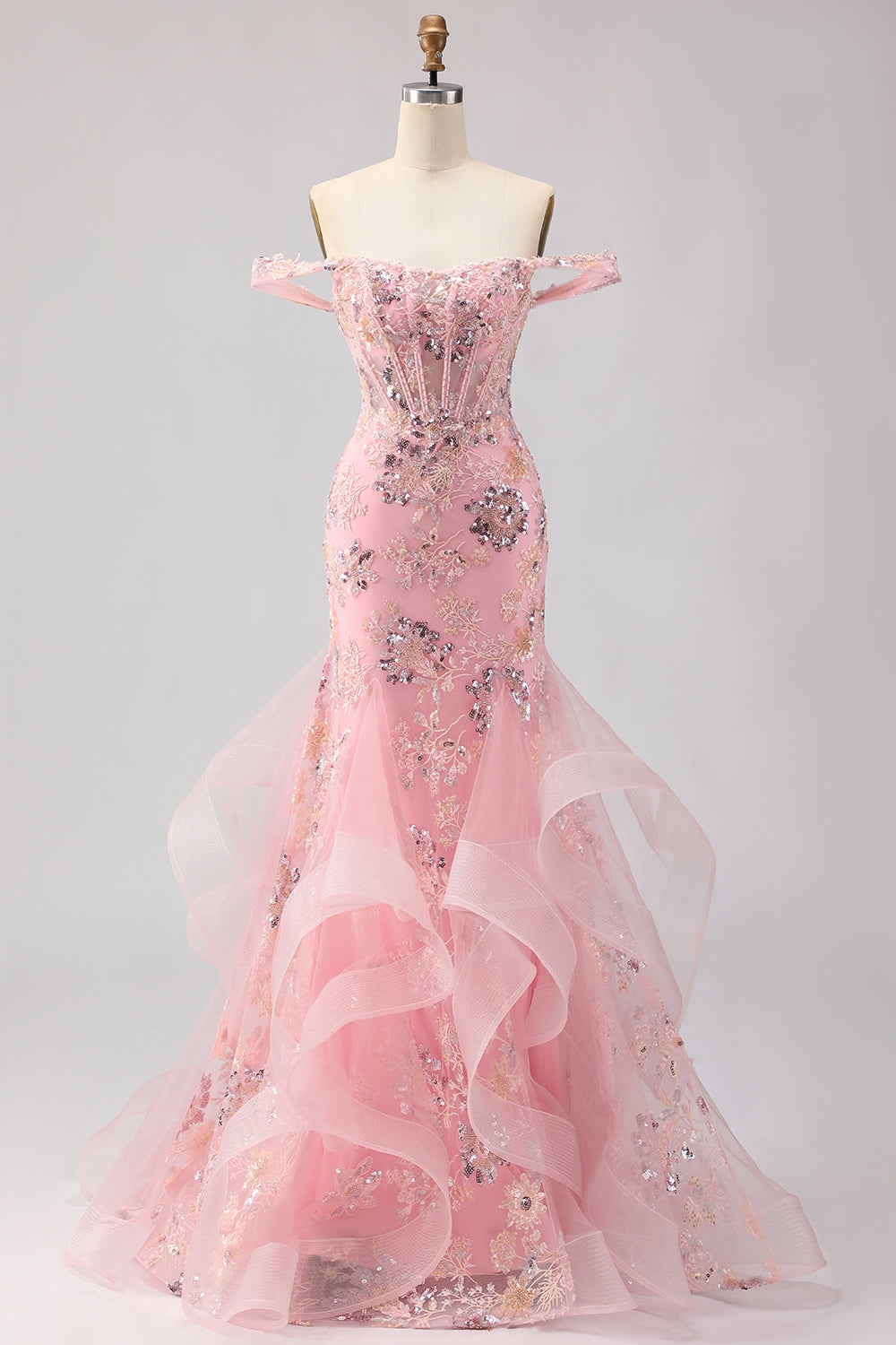 Green Floral Mermaid Off The Shoulder Corset Prom Dress With Beading