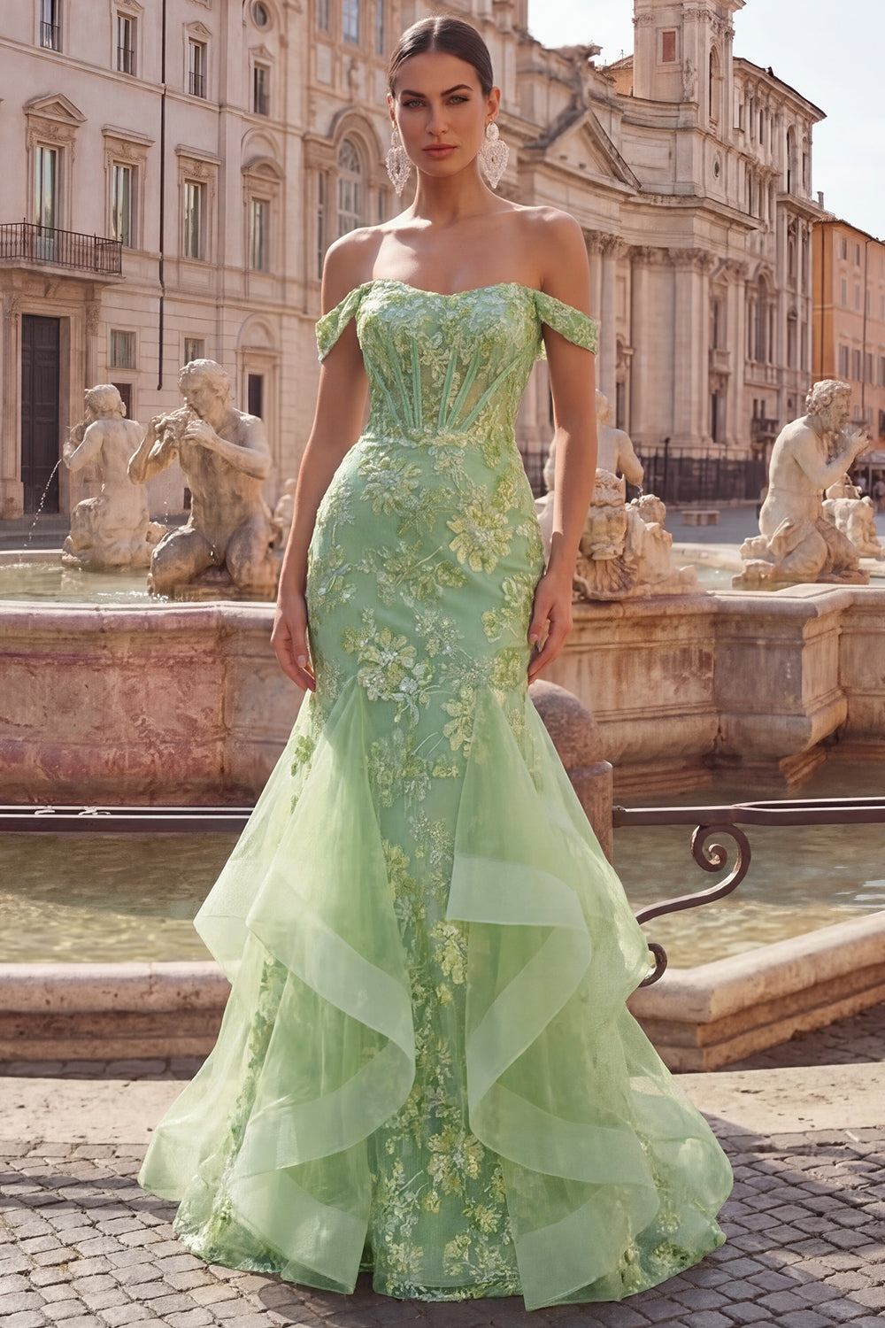 Green Floral Mermaid Off The Shoulder Corset Prom Dress With Beading