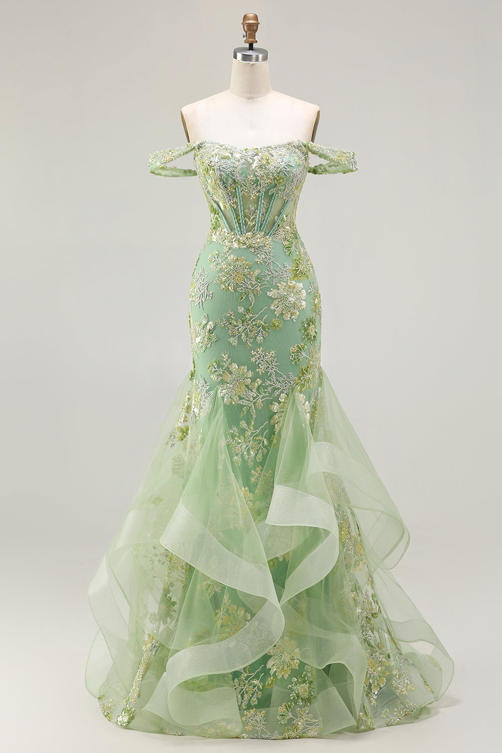 Green Floral Mermaid Off The Shoulder Corset Prom Dress With Beading