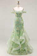 Green Floral Mermaid Off The Shoulder Corset Prom Dress With Beading