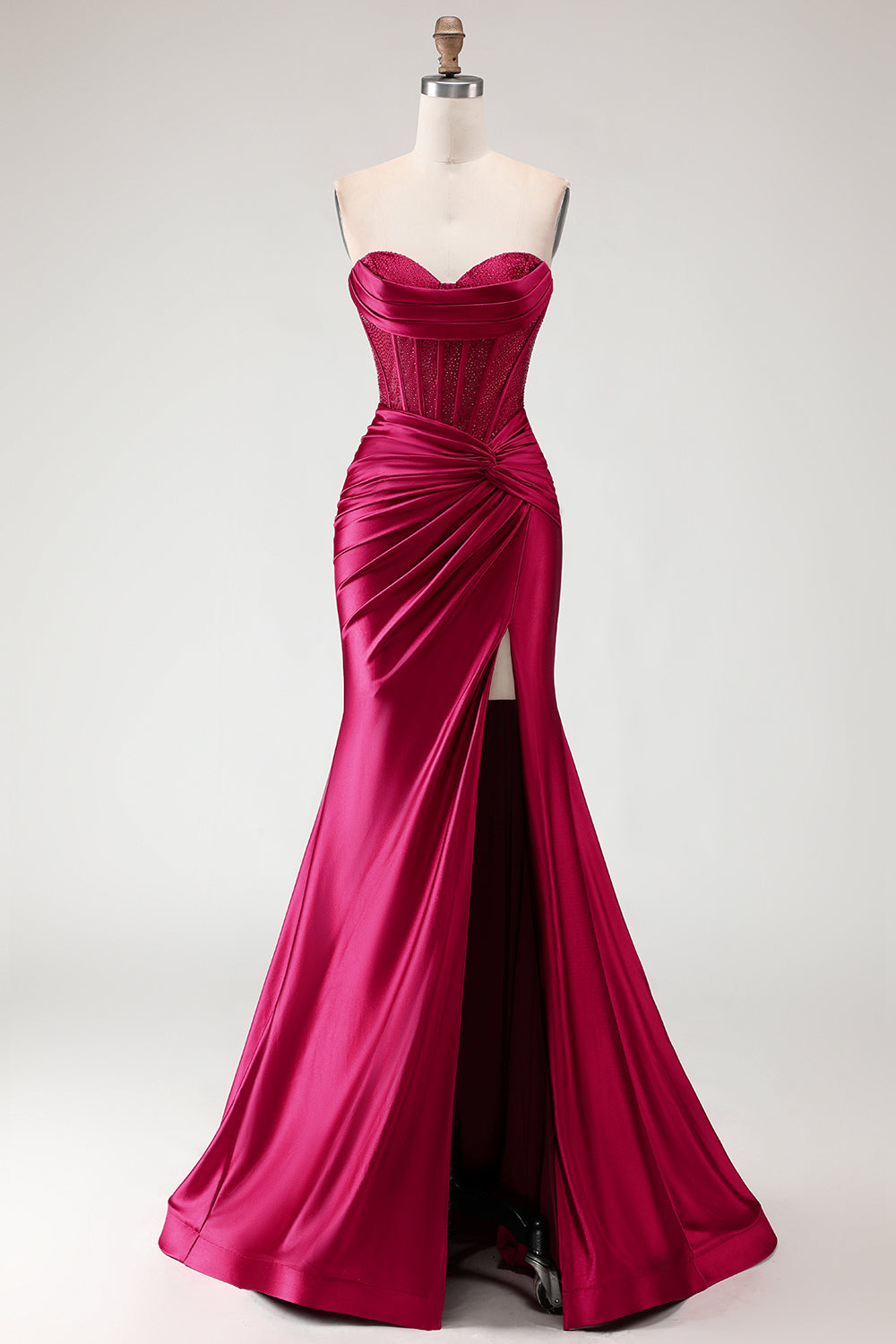 Champagne Mermaid Beaded Sweetheart Corset Prom Dress With Slit