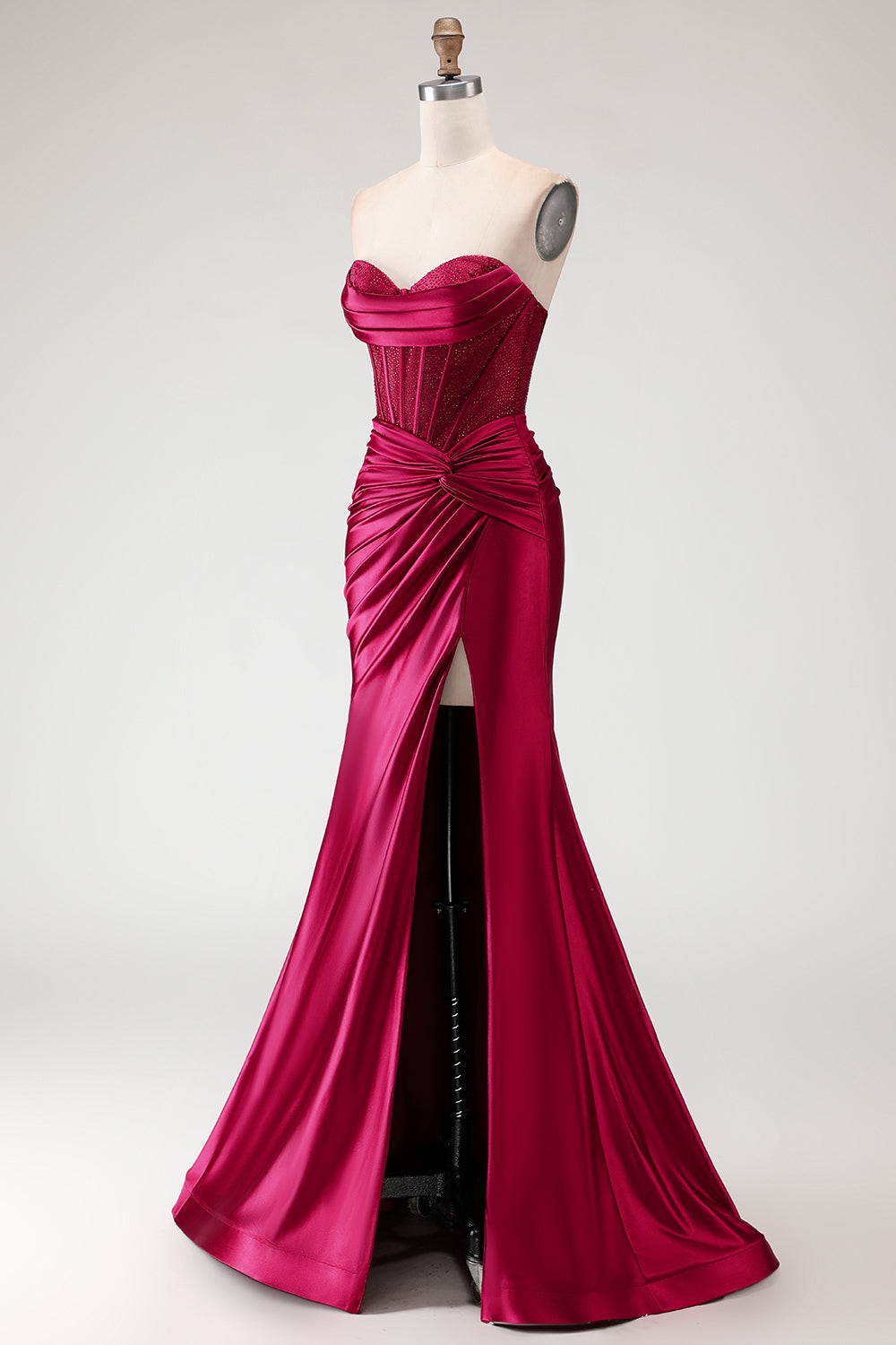 Champagne Mermaid Beaded Sweetheart Corset Prom Dress With Slit