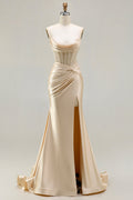 Champagne Mermaid Beaded Sweetheart Corset Prom Dress With Slit