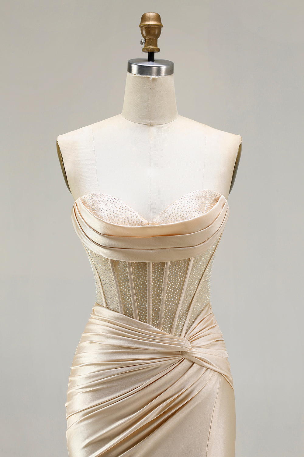 Champagne Mermaid Beaded Sweetheart Corset Prom Dress With Slit