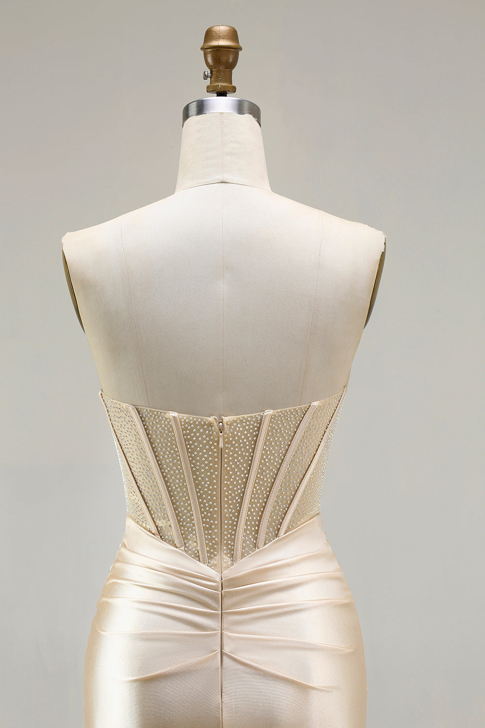 Champagne Mermaid Beaded Sweetheart Corset Prom Dress With Slit