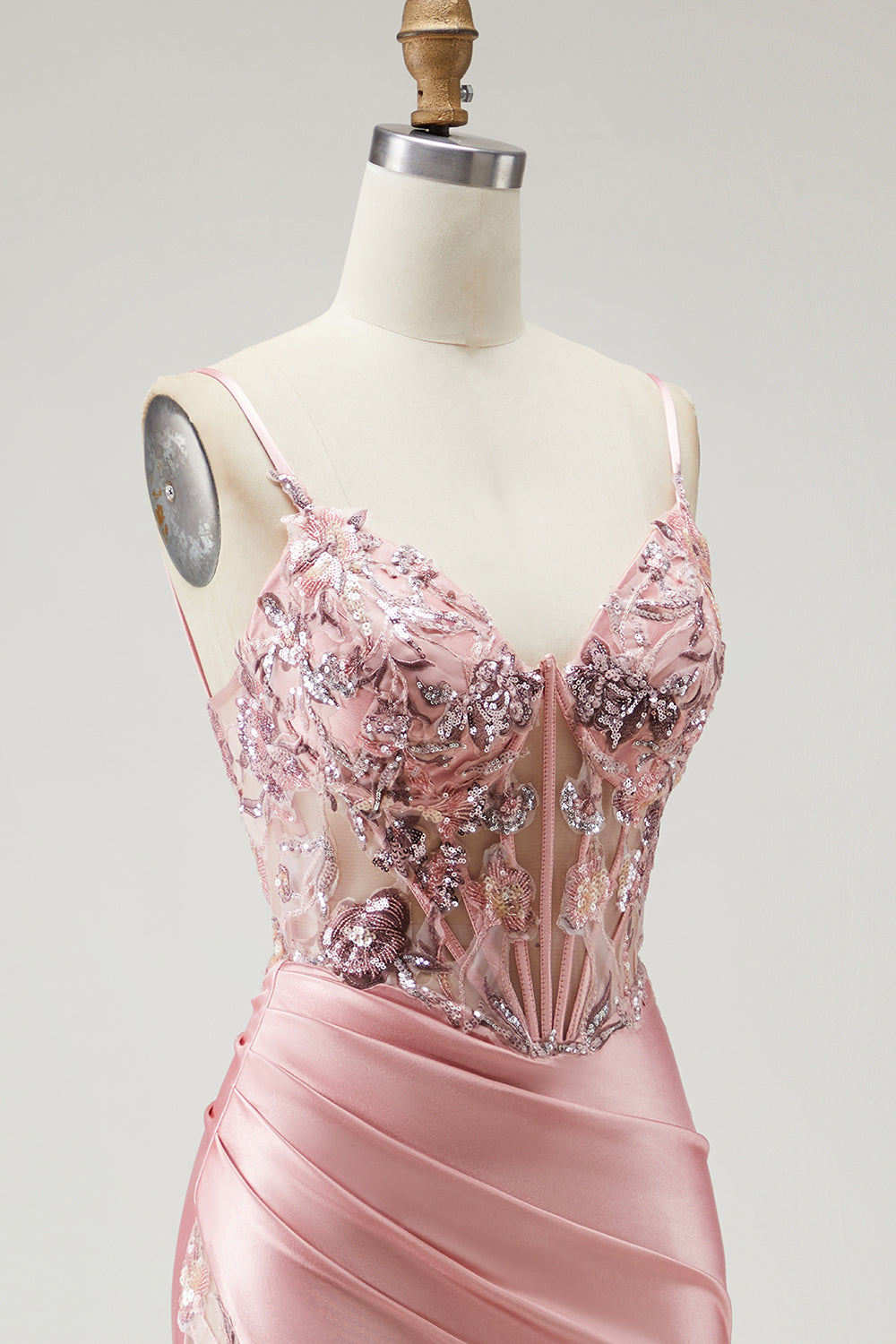 Blush Corset Sequin Satin Mermaid Prom Dress With Slit