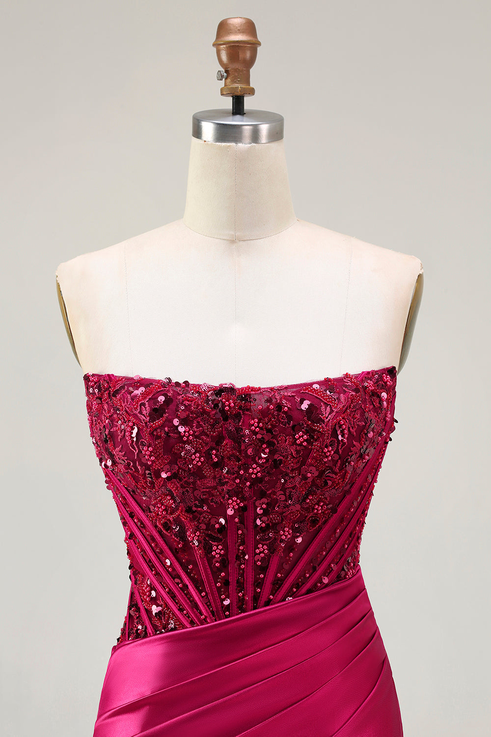 Burgundy Corset Strapless Mermaid Satin Prom Dress With Slit