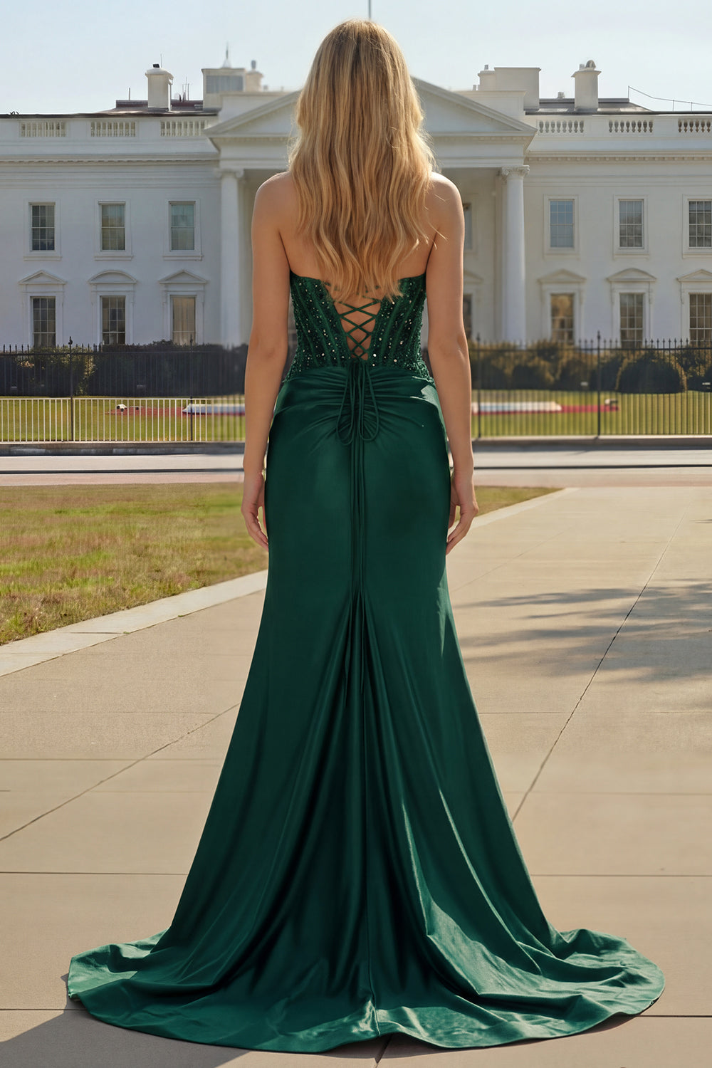 Burgundy Corset Strapless Mermaid Satin Prom Dress With Slit