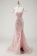 Floral Embroidered Blush Off The Shoulder Sequin Mermaid Prom Dress With Slit